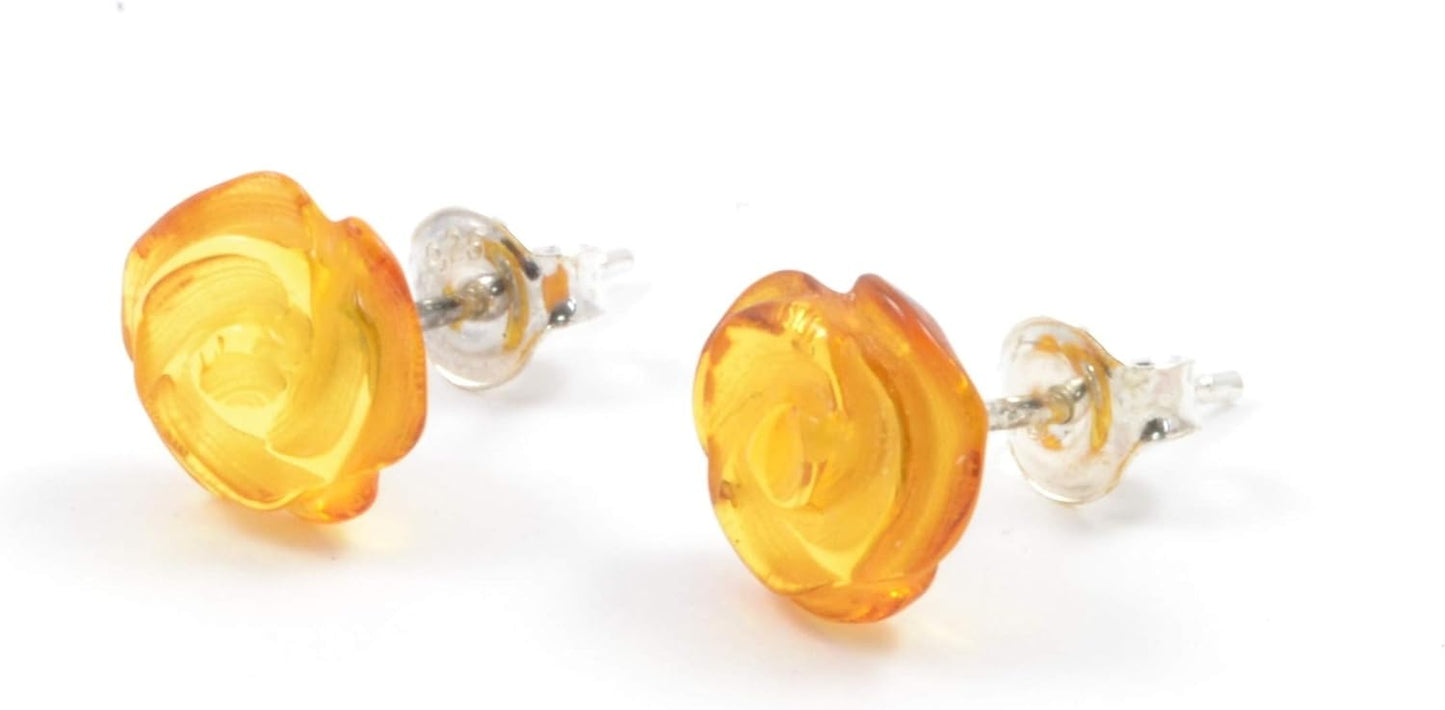 Genuine Baltic Amber Rose Stud Earrings with Sterling Silver – Handcrafted Elegance