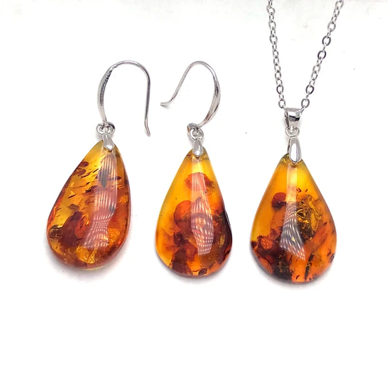 Exquisite Amber Elegance: Genuine 925 Silver Jewelry Sets with Stunning Drop Water Gemstones