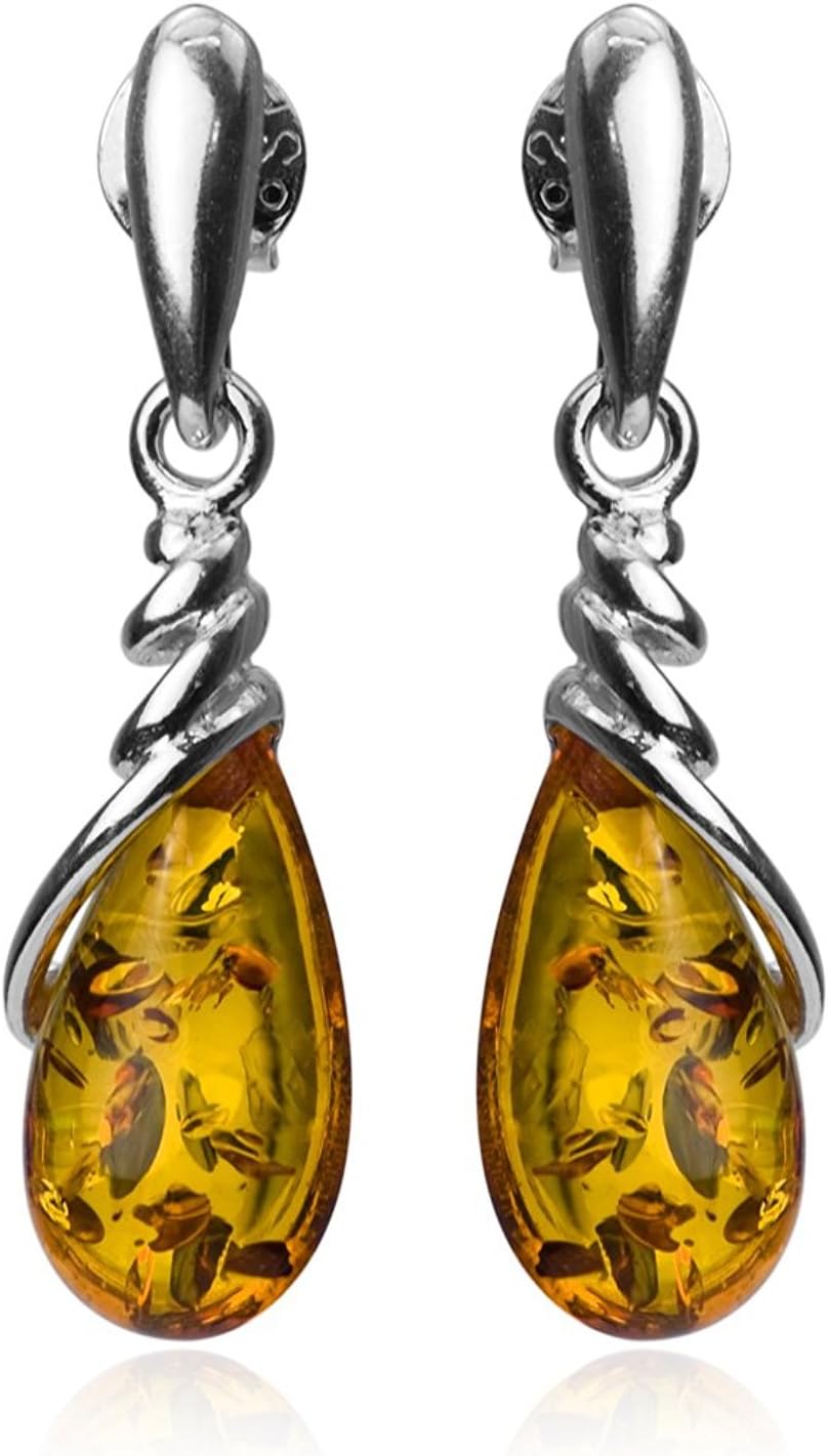 Radiant Amber Sterling Silver Drop Dangle Earrings & Pendant Necklace Set - 18"