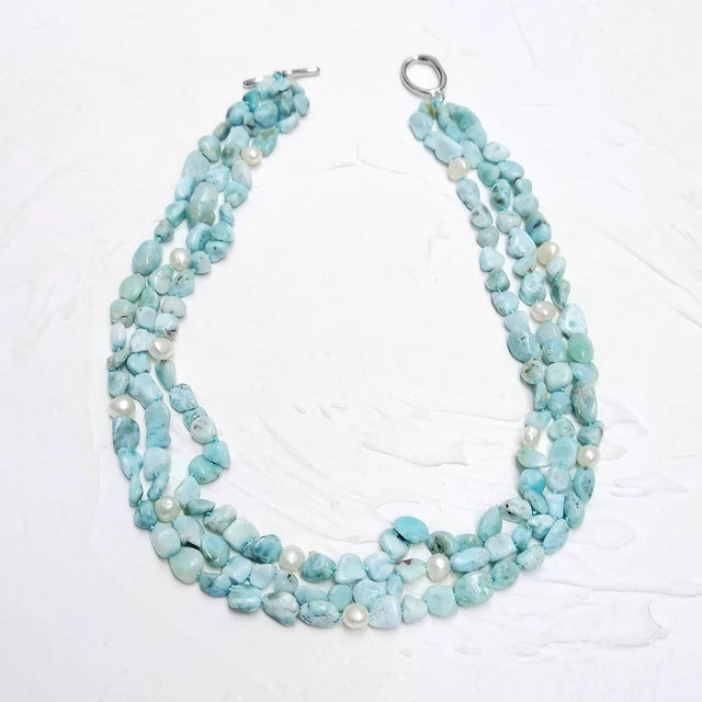 Blue Statement Larimar & Pearl Necklace - 51cm, 3-Row Design