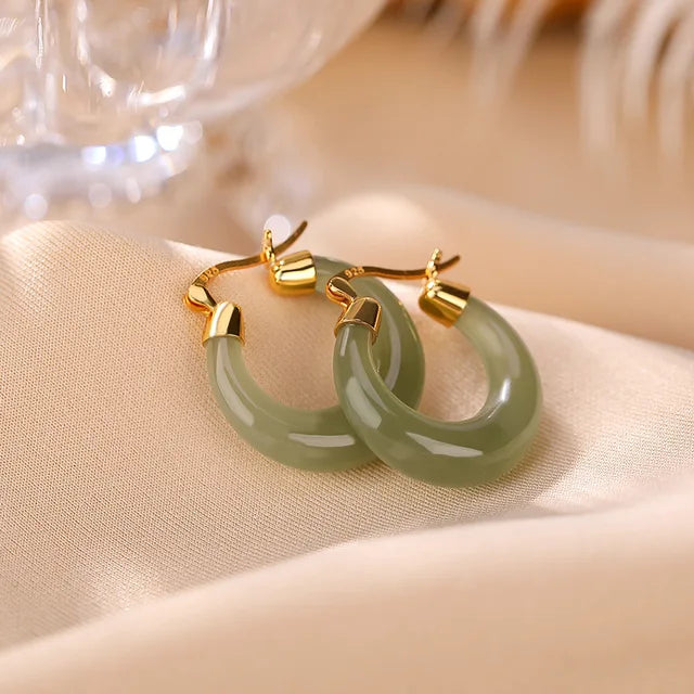 Elegance Redefined: Jade Hoop Earrings with Natural Gemstones in Glossy 925 Silver and Gold Accents
