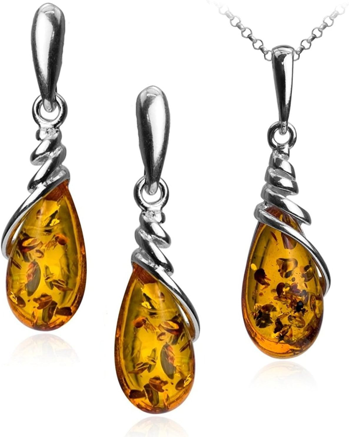 Radiant Amber Sterling Silver Drop Dangle Earrings & Pendant Necklace Set - 18"