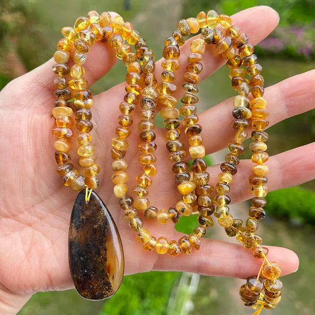 Amber Pendant Necklace | Irregular Natural Baltic Ambar Plant Beads 