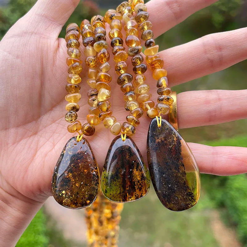 Amber Pendant Necklace | Irregular Natural Baltic Ambar Plant Beads 