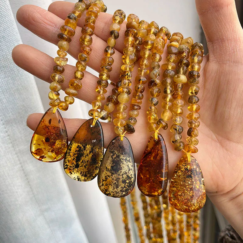 Amber Pendant Necklace | Irregular Natural Baltic Ambar Plant Beads 