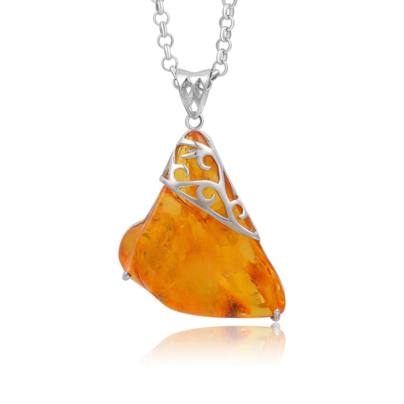 Natural Amber Pendant - 925 Sterling Silver Necklace - Irregular Shape Stone Charm - Original Amulet Gift