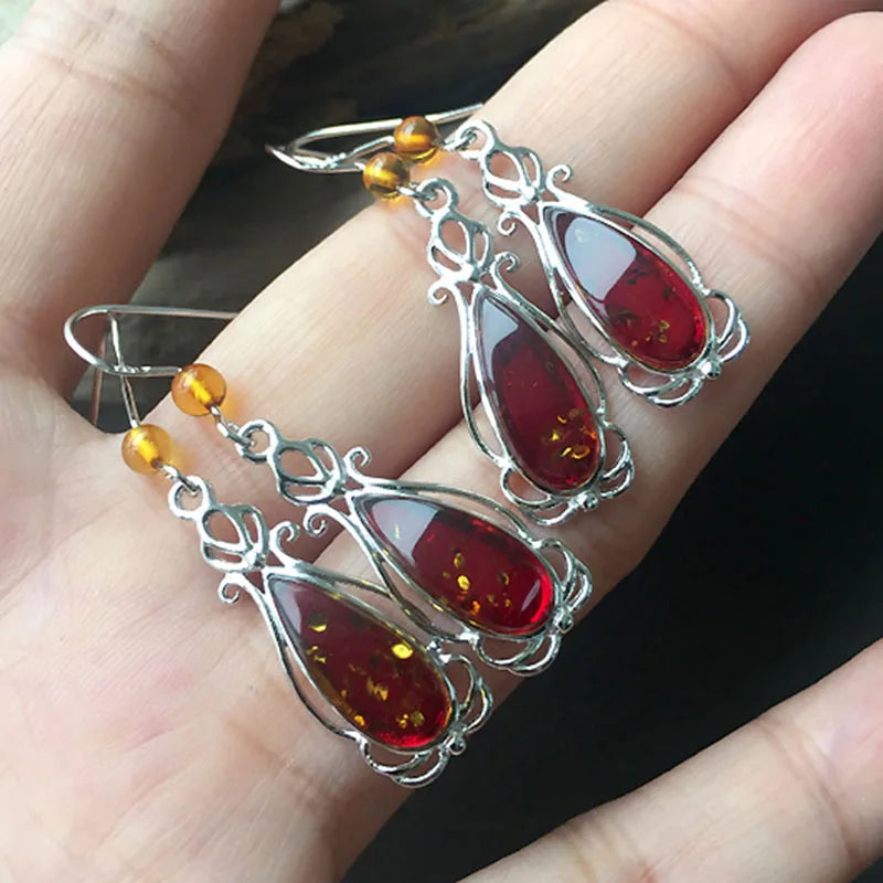 Trendy Red Flower Baltic Amber Earrings