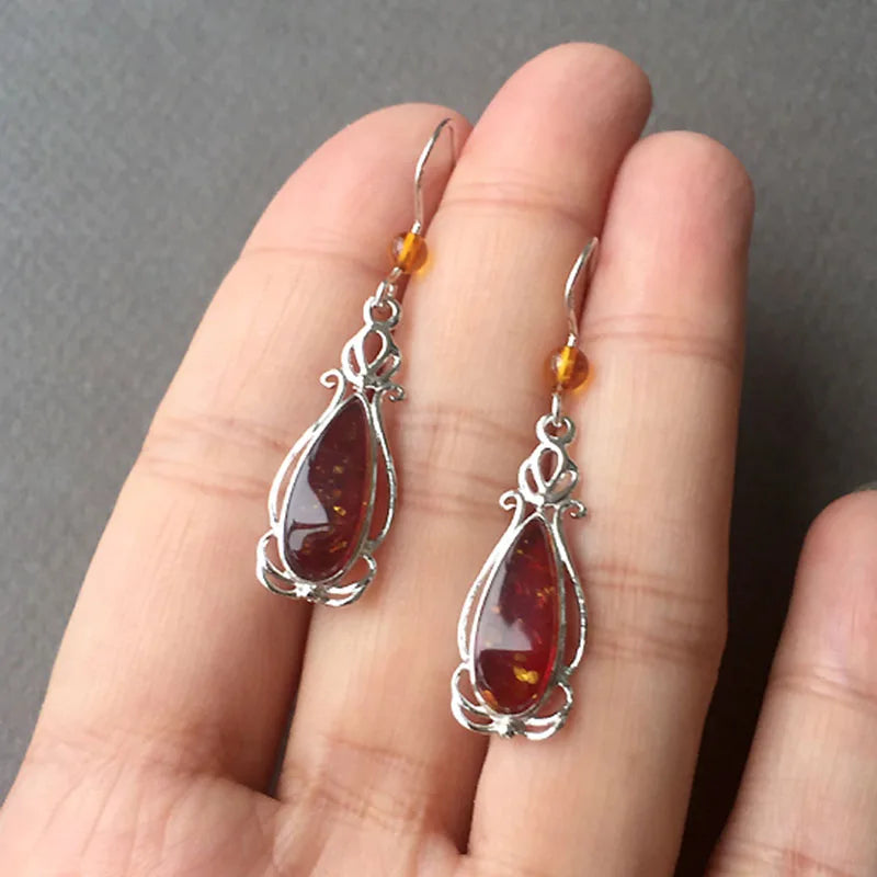 Trendy Red Flower Baltic Amber Earrings