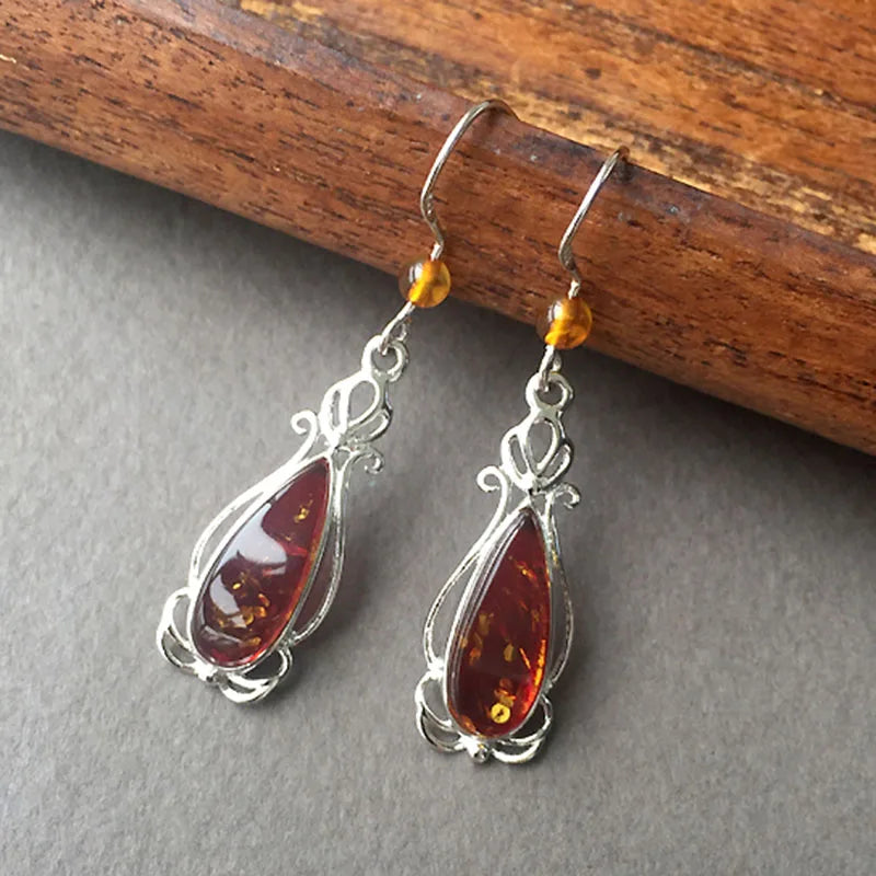 Trendy Red Flower Baltic Amber Earrings