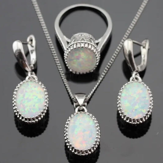 4-Piece White Opal 925 Sterling Silver Jewelry Set – Necklace, Earrings, and Ring