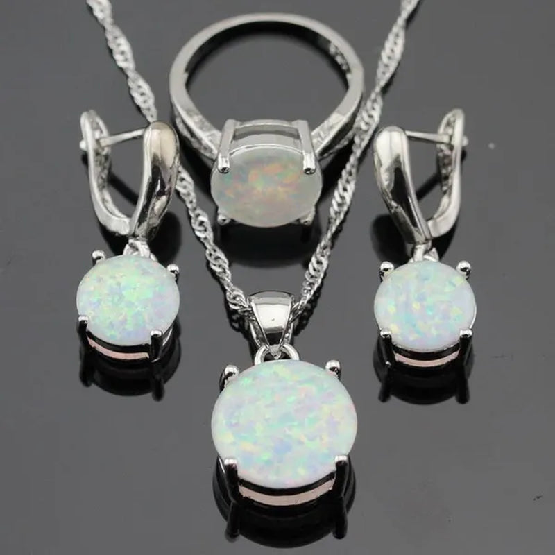 Elegant Round 925 Sterling Silver Jewelry Set – White Opal & White Topaz Necklace, Earrings, and Ring