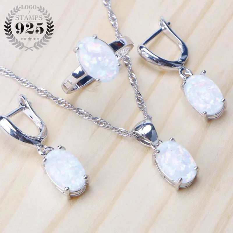 925 Sterling Silver Opal Bridal Jewelry Set for Women Earrings Pendant Necklace Rings