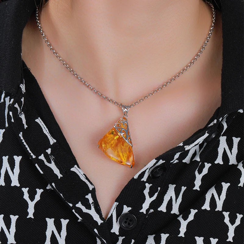 Natural Amber Pendant - 925 Sterling Silver Necklace - Irregular Shape Stone Charm - Original Amulet Gift