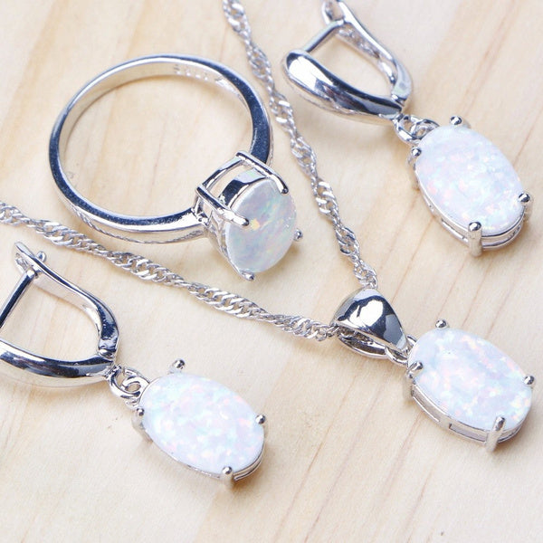 925 Sterling Silver Opal Bridal Jewelry Set for Women Earrings Pendant Necklace Rings