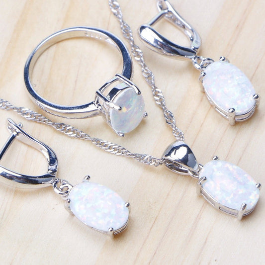 925 Sterling Silver Opal Bridal Jewelry Set for Women Earrings Pendant Necklace Rings