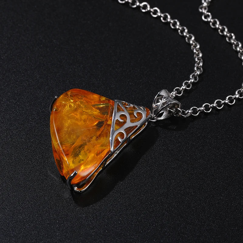 Natural Amber Pendant - 925 Sterling Silver Necklace - Irregular Shape Stone Charm - Original Amulet Gift