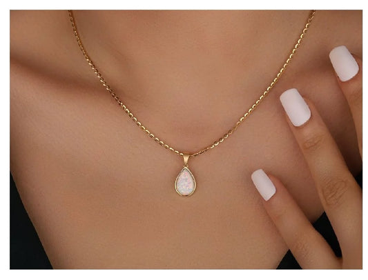 Beautiful 1 Carat Pear Shape Opal Solitaire Pendant Necklace in 18K Yellow Gold over Silver