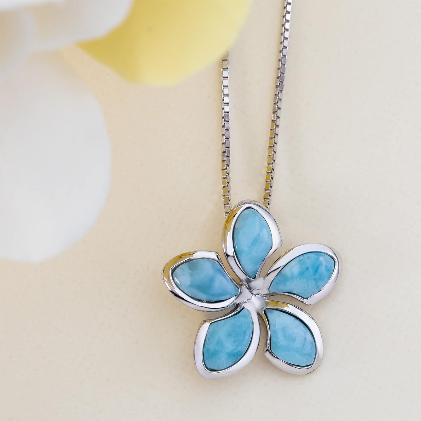 Elegant Silver Natural Larimar Flower Necklace Pendant with 18" Chain