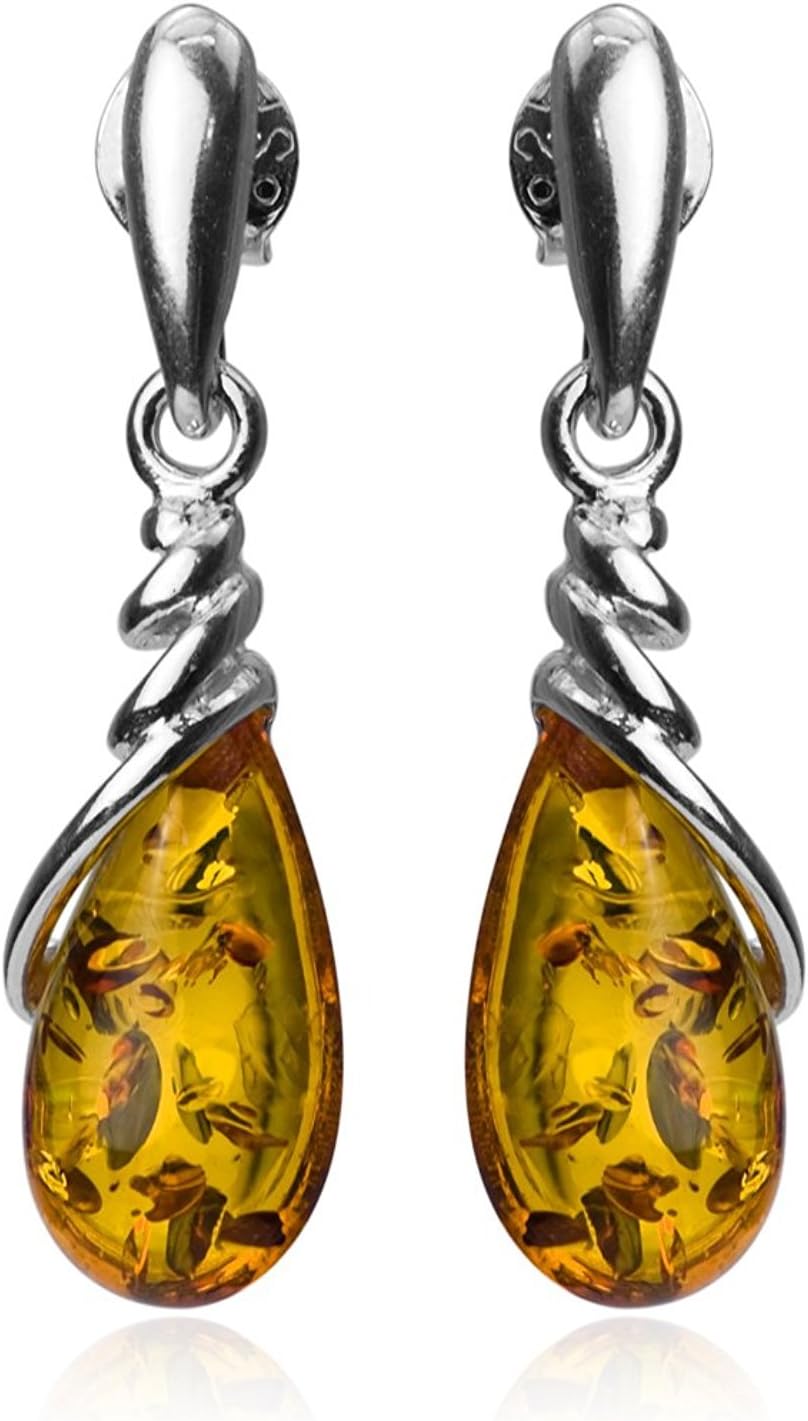 Radiant Amber Sterling Silver Drop Dangle Earrings & Pendant Necklace Set - 18"