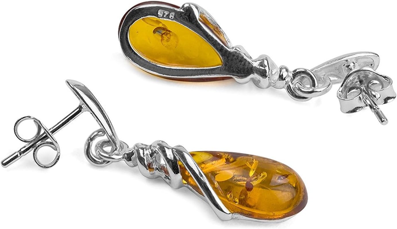 Radiant Amber Sterling Silver Drop Dangle Earrings & Pendant Necklace Set - 18"