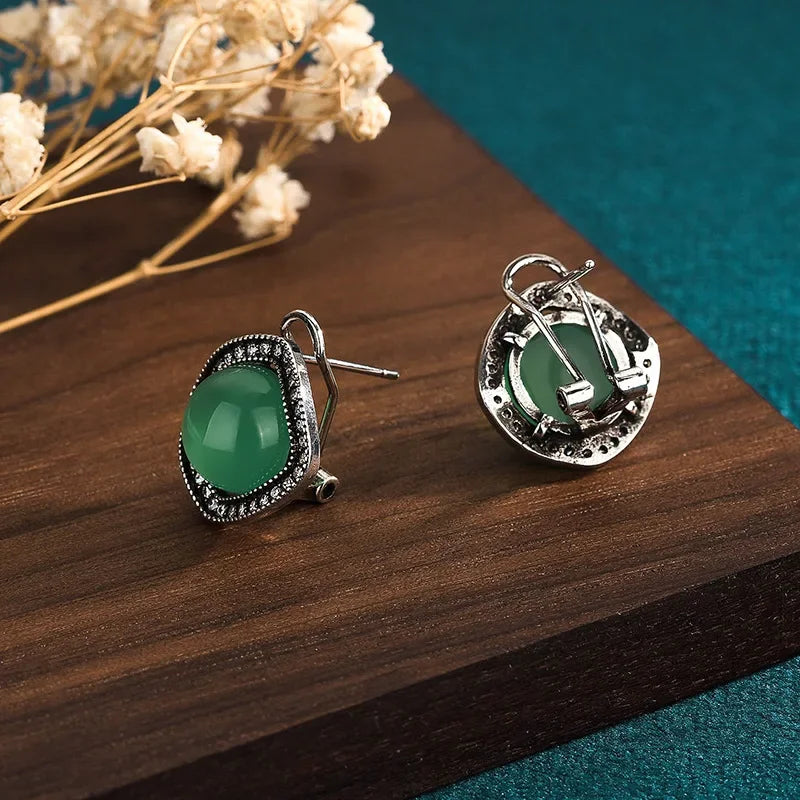 Green Jadeite Carved Earrings | Real Jade 925 Silver Charms | Vintage Luxury Amulet Jewelry 