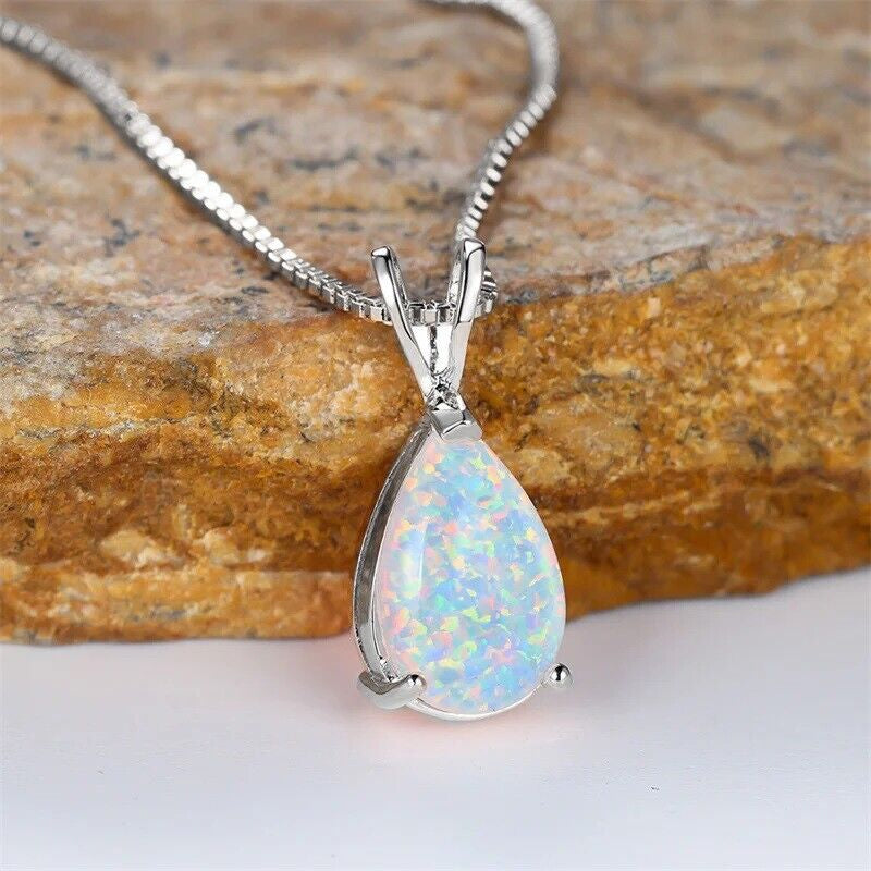 White Opal Stone Pendant | Minimalist Droplet Fire Opal Necklace | Sterling Silver