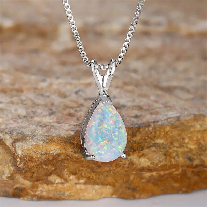 White Opal Stone Pendant | Minimalist Droplet Fire Opal Necklace | Sterling Silver