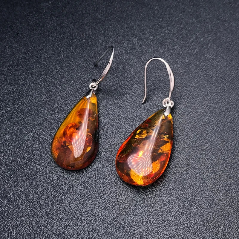 Exquisite Amber Elegance: Genuine 925 Silver Jewelry Sets with Stunning Drop Water Gemstones    