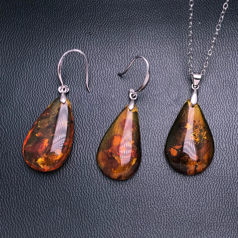 Exquisite Amber Elegance: Genuine 925 Silver Jewelry Sets with Stunning Drop Water Gemstones    