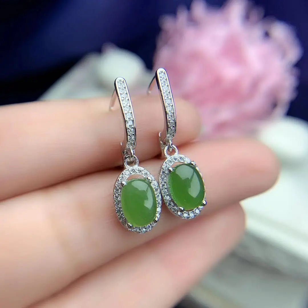 Classic Sterling Silver Green Jade Drop Earrings | 6mm x 8mm Natural Jade | 925 Silver Eardrop Jewelry