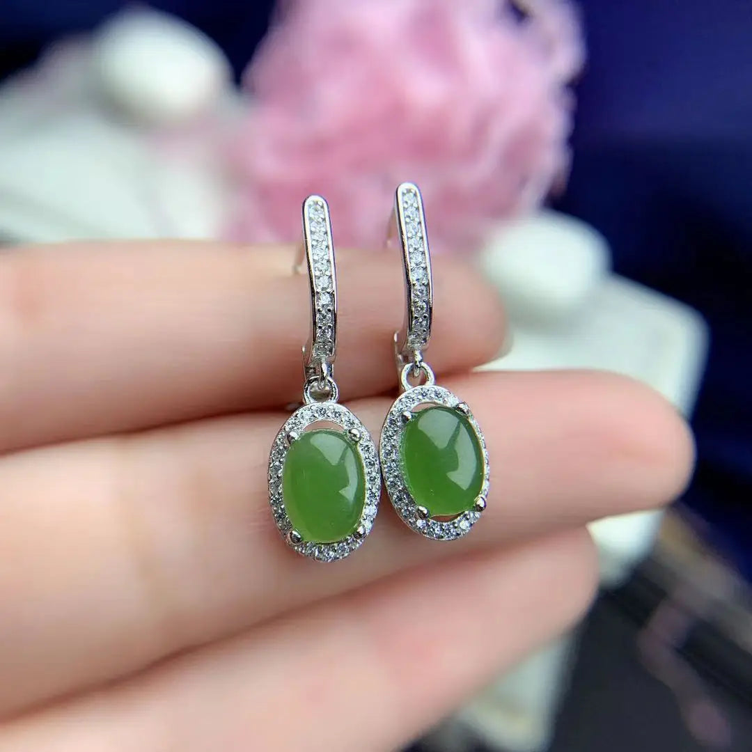 Classic Sterling Silver Green Jade Drop Earrings | 6mm x 8mm Natural Jade | 925 Silver Eardrop Jewelry