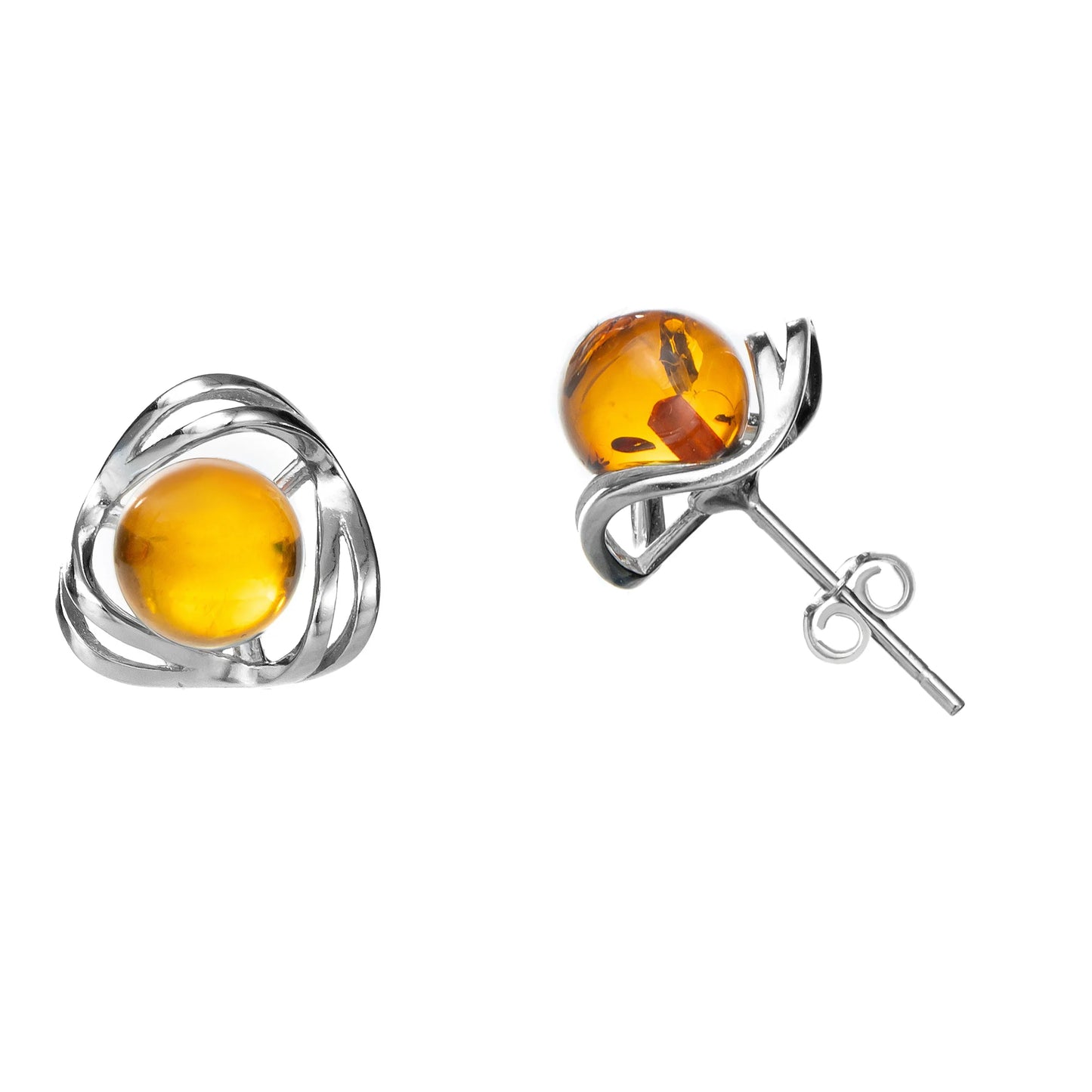 Radiant Bloom: Genuine Baltic Round Amber Flower Ball Earrings in 925 Sterling Silver - Captivating Cognac Hue