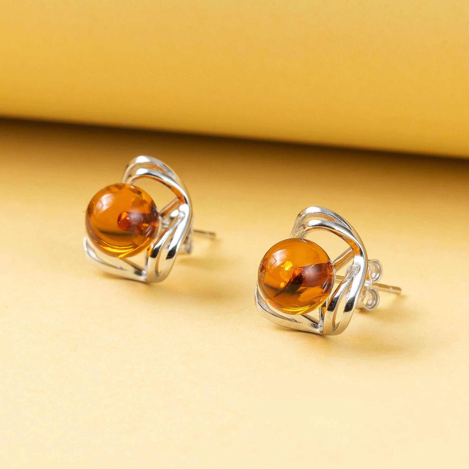 Radiant Bloom: Genuine Baltic Round Amber Flower Ball Earrings in 925 Sterling Silver - Captivating Cognac Hue
