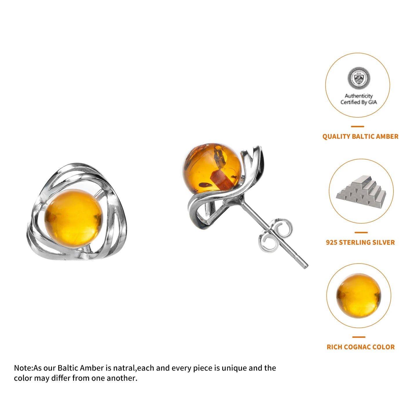 Radiant Bloom: Genuine Baltic Round Amber Flower Ball Earrings in 925 Sterling Silver - Captivating Cognac Hue