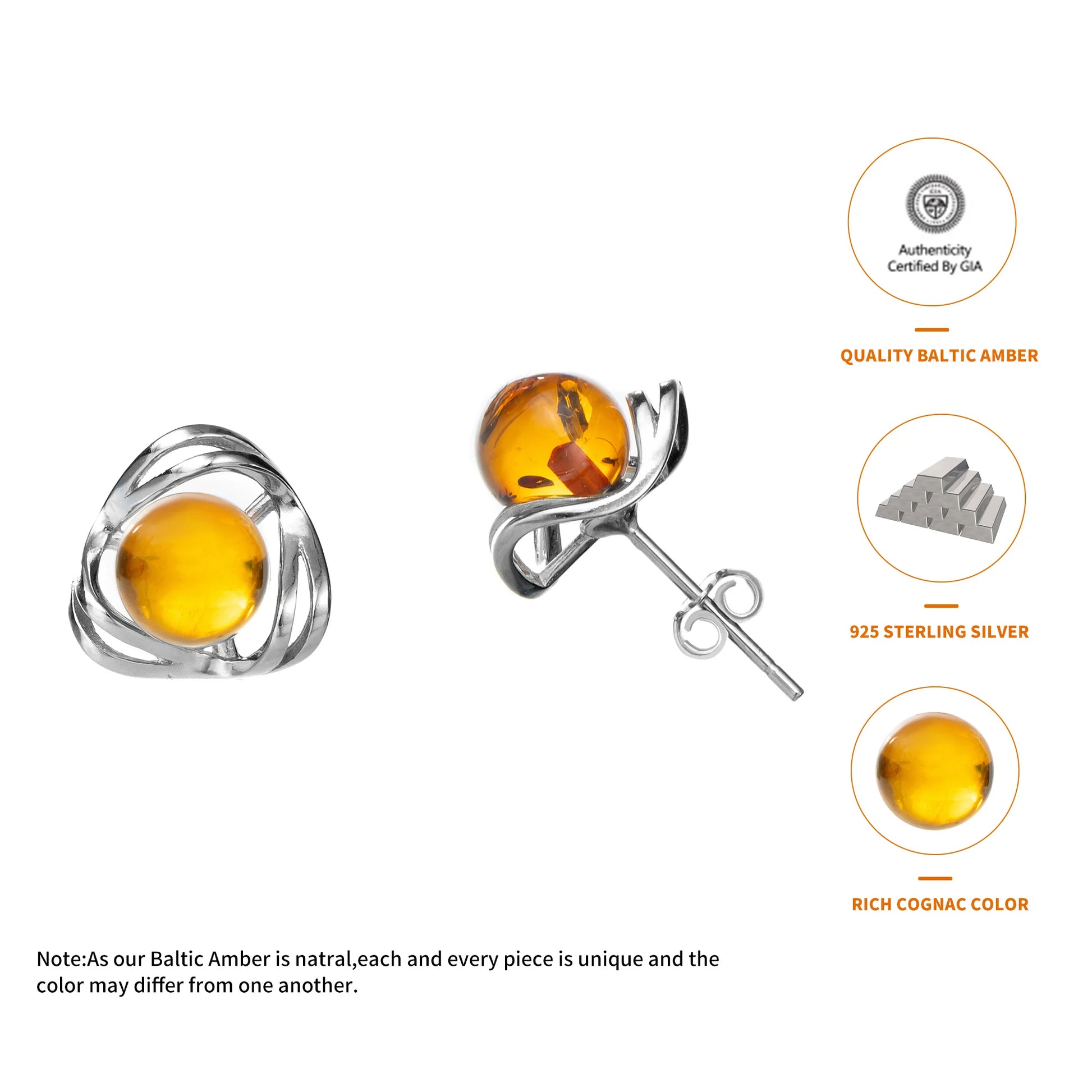 Radiant Bloom: Genuine Baltic Round Amber Flower Ball Earrings in 925 Sterling Silver - Captivating Cognac Hue