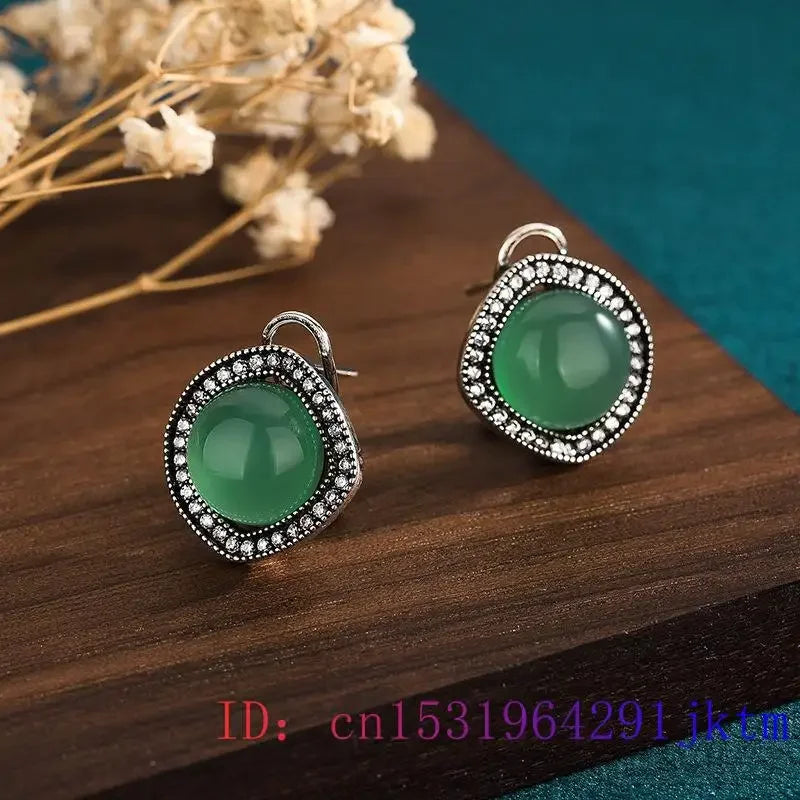 Green Jadeite Carved Earrings | Real Jade 925 Silver Charms | Vintage Luxury Amulet Jewelry 