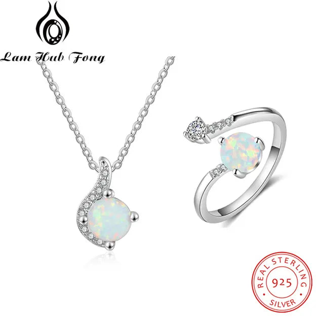 925 Sterling Silver White Opal Jewelry Set – Ring, Earrings, and Necklace