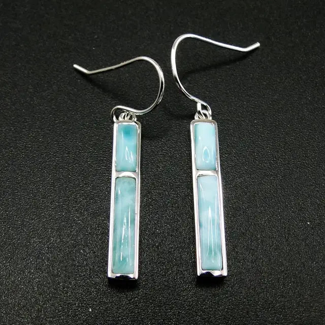 925 Sterling Silver Natural Larimar Rectangle Pendant Necklace  and Earrings 