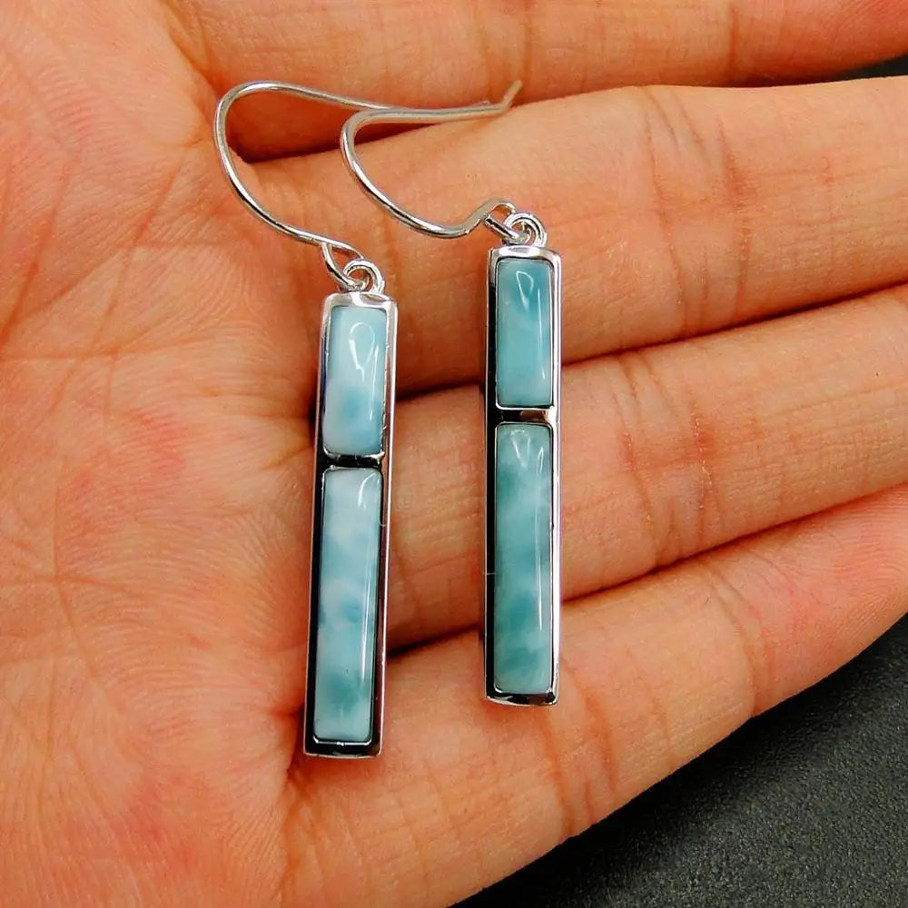 925 Sterling Silver Natural Larimar Rectangle Pendant Necklace  and Earrings 