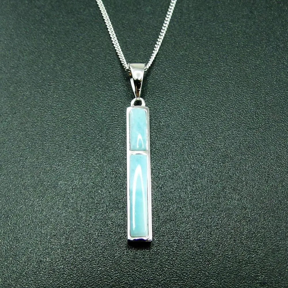 925 Sterling Silver Natural Larimar Rectangle Pendant Necklace  and Earrings 