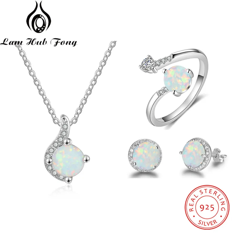 925 Sterling Silver White Opal Jewelry Set – Ring, Earrings, and Necklace