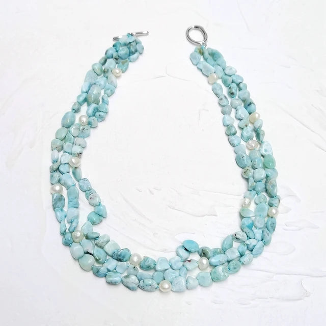 Blue Statement Larimar & Pearl Necklace - 51cm, 3-Row Design 