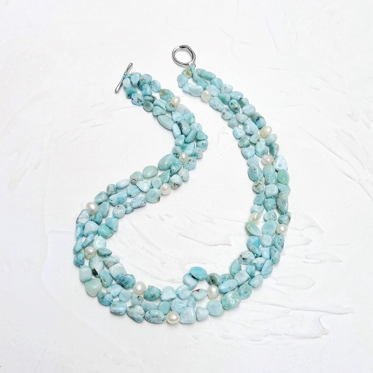 Blue Statement Larimar & Pearl Necklace - 51cm, 3-Row Design 