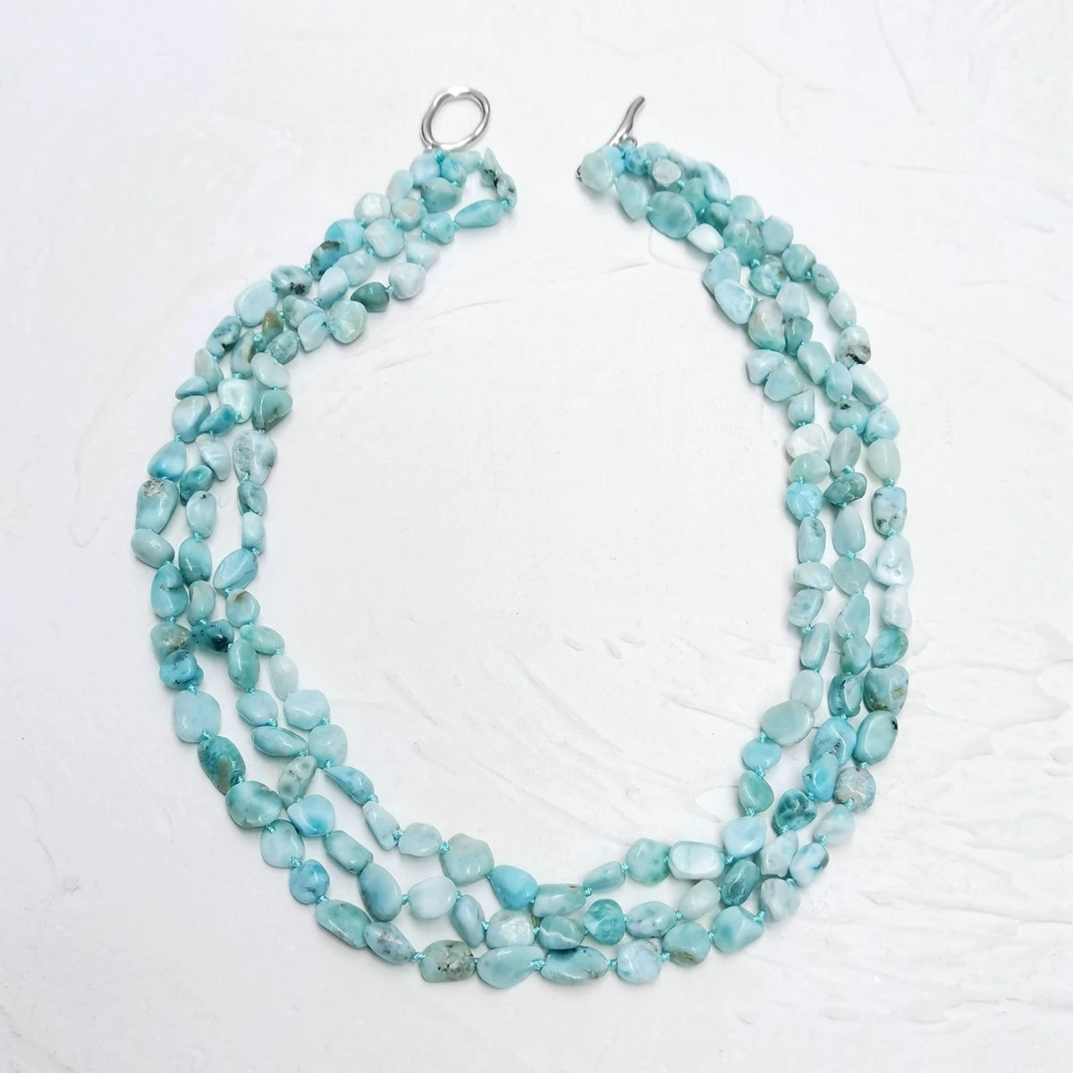 Blue Statement Larimar & Pearl Necklace - 51cm, 3-Row Design 