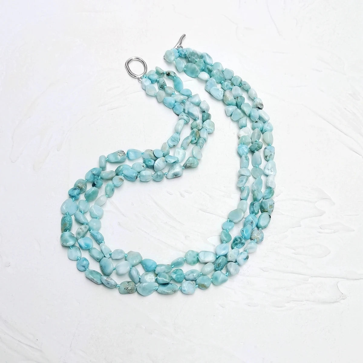 Blue Statement Larimar & Pearl Necklace - 51cm, 3-Row Design 