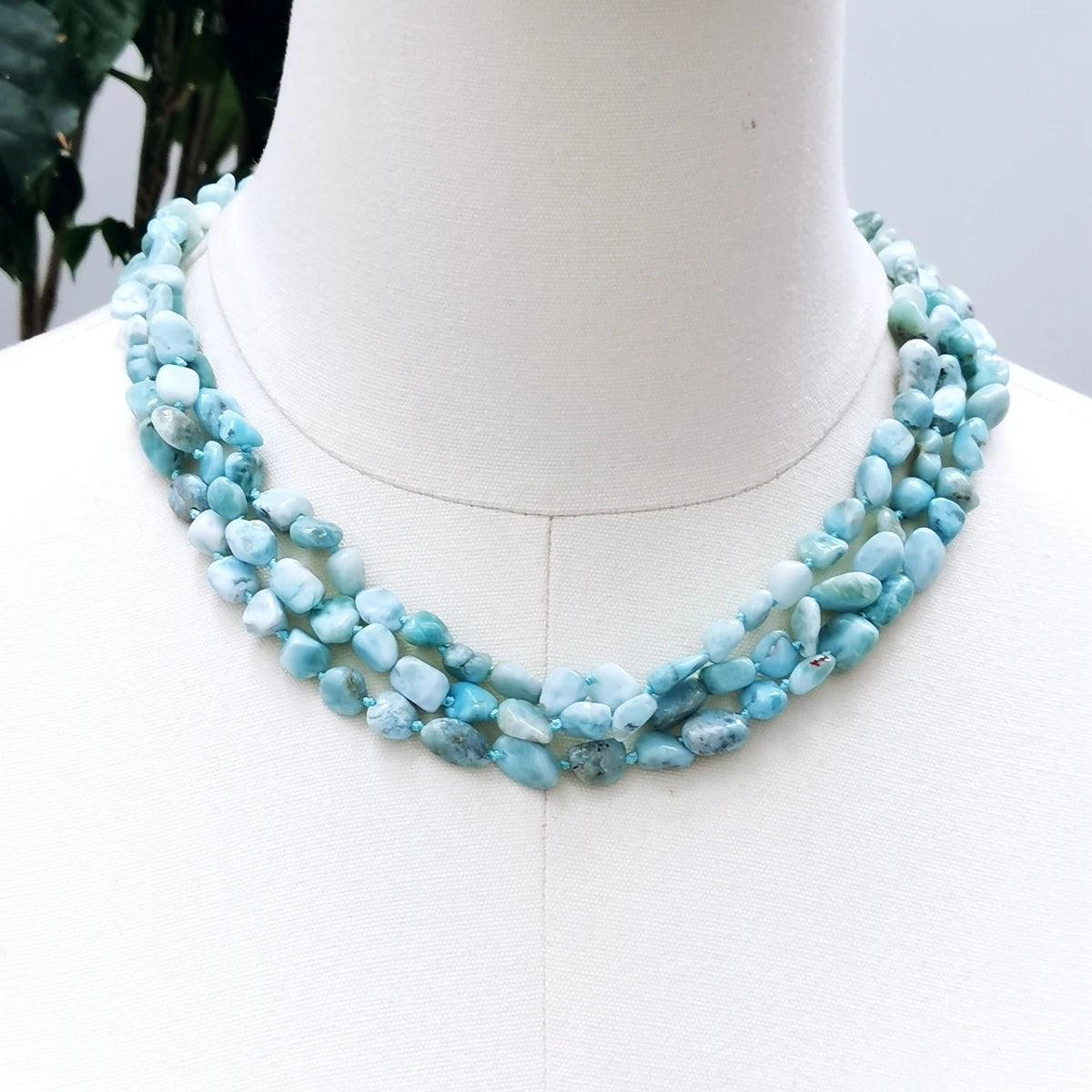 Blue Statement Larimar & Pearl Necklace - 51cm, 3-Row Design 