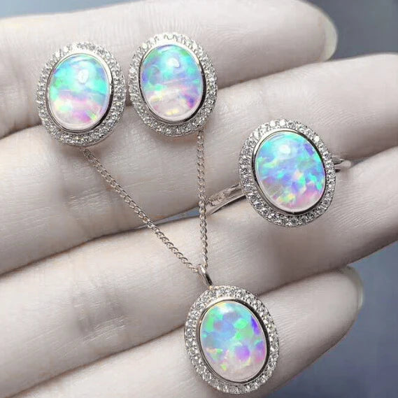 Natural Opal Gemstone Ellips Earrings, Ring, and Necklace 3-Piece Set for Women | 925 Sterling Silver Fine Jewelry