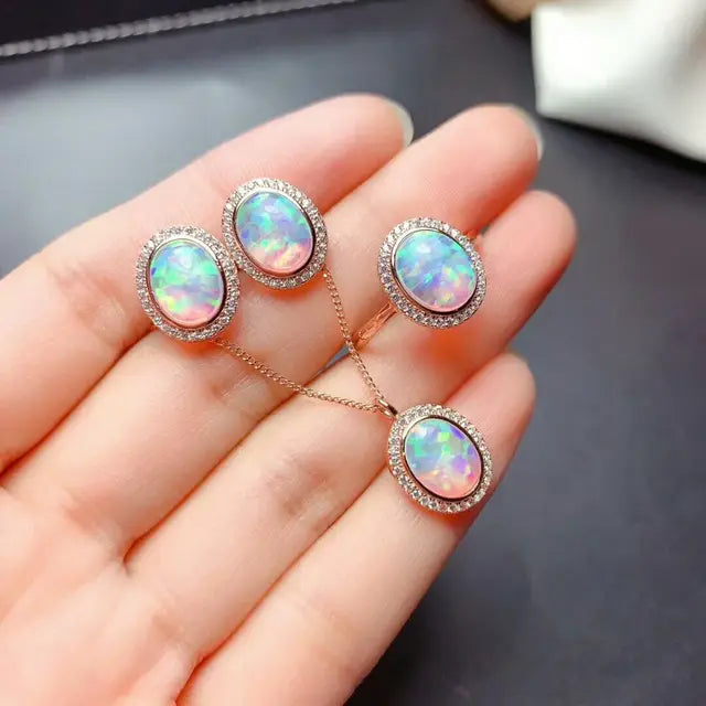 Natural Opal Gemstone Ellips Earrings, Ring, and Necklace 3-Piece Set for Women | 925 Sterling Silver Fine Jewelry