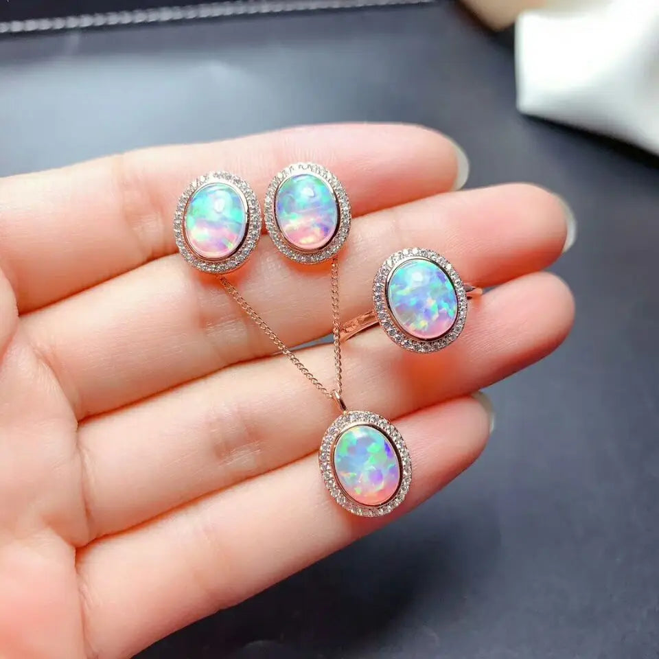 Natural Opal Gemstone Ellips Earrings, Ring, and Necklace 3-Piece Set for Women | 925 Sterling Silver Fine Jewelry