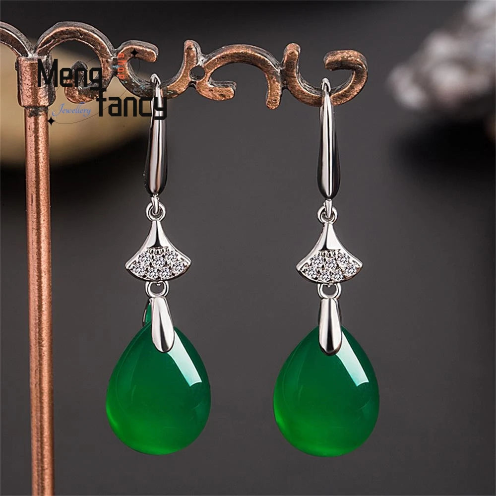 Natural Green Jade Chalcedony Water Drop Earrings | 925 Silver Statement Jewelry | Luxury Fashion for Young Women